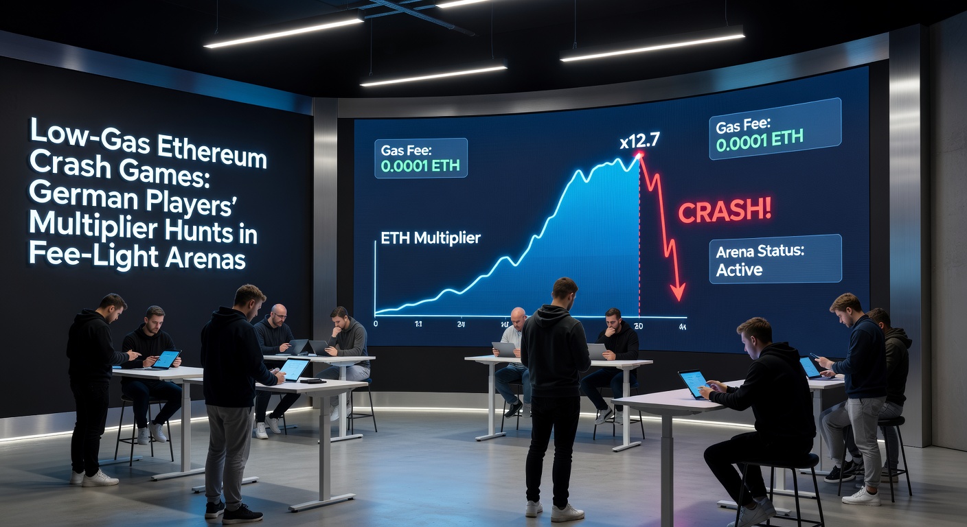 Deutsche Spieler vor Bildschirmen mit steigenden Crash-Kurven auf L2-Ethereum, Multiplikatoren bis 50x und Gas-Tracker im Vordergrund