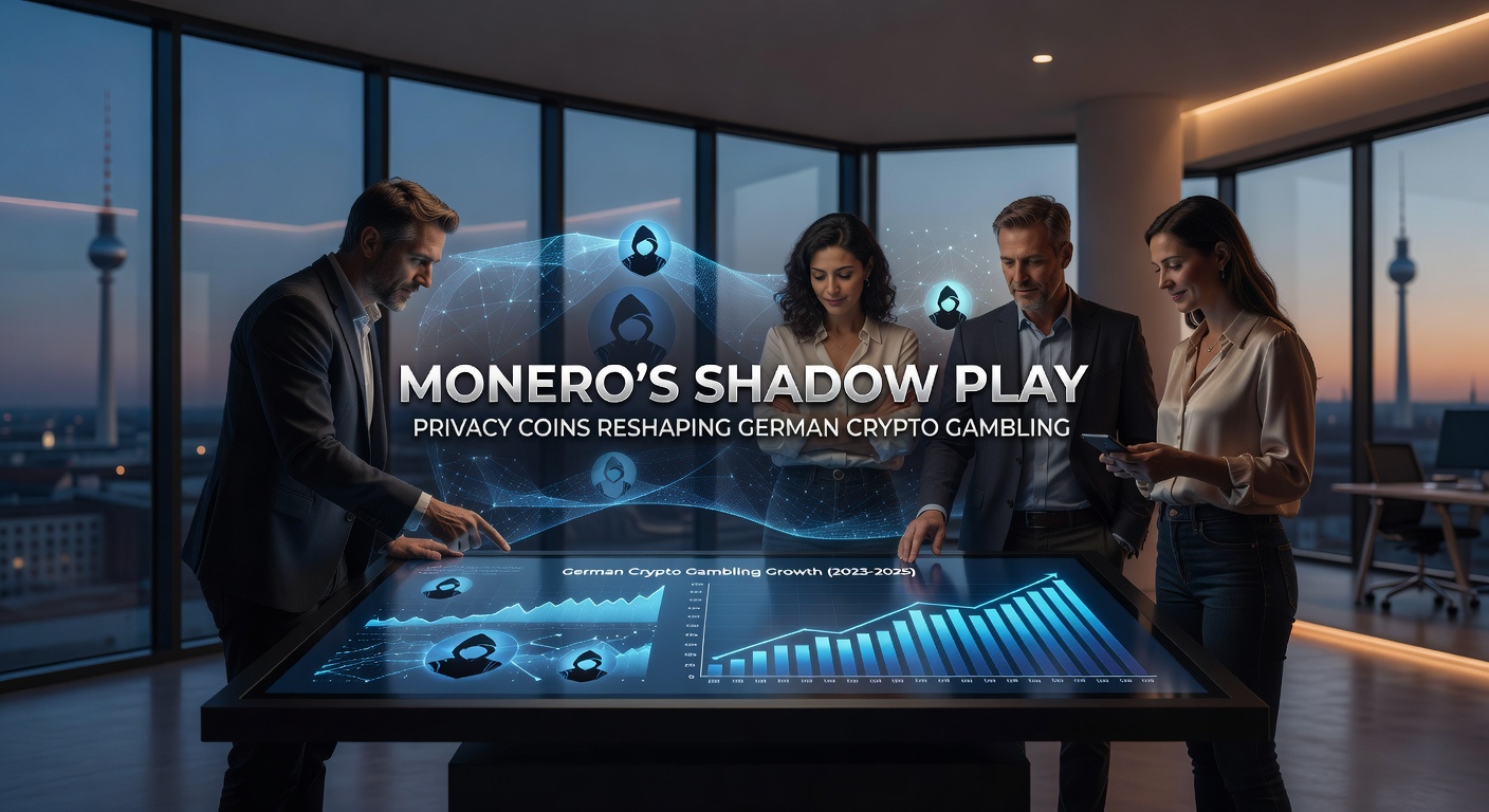 Abstraktes Bild von Monero-Logo im Schatten, umgeben von Würfeln und Karten, symbolisiert Anonymität im Glücksspiel