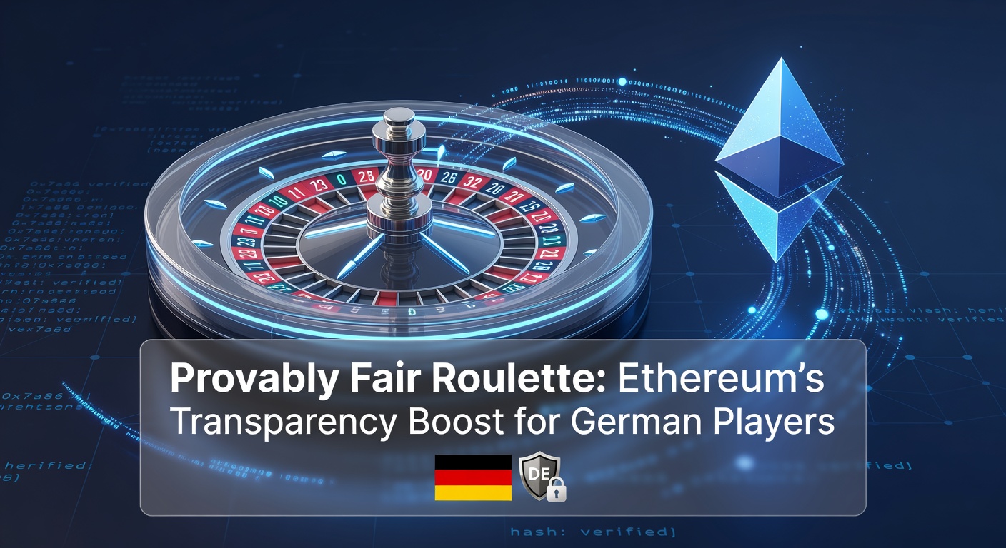 Grafik eines provably fair Roulette-Rads mit Ethereum-Blockchain-Elementen und Transparenzsymbolen
