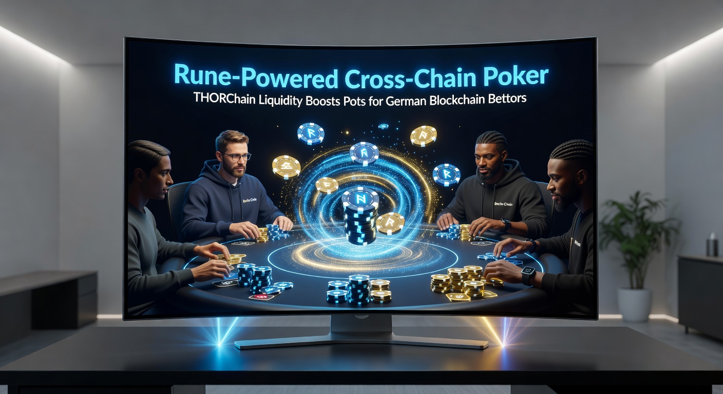 Darstellung eines digitalen Pokertisches mit Rune-Symbolen und THORChain-Logos, die Cross-Chain-Liquidity visualisieren
