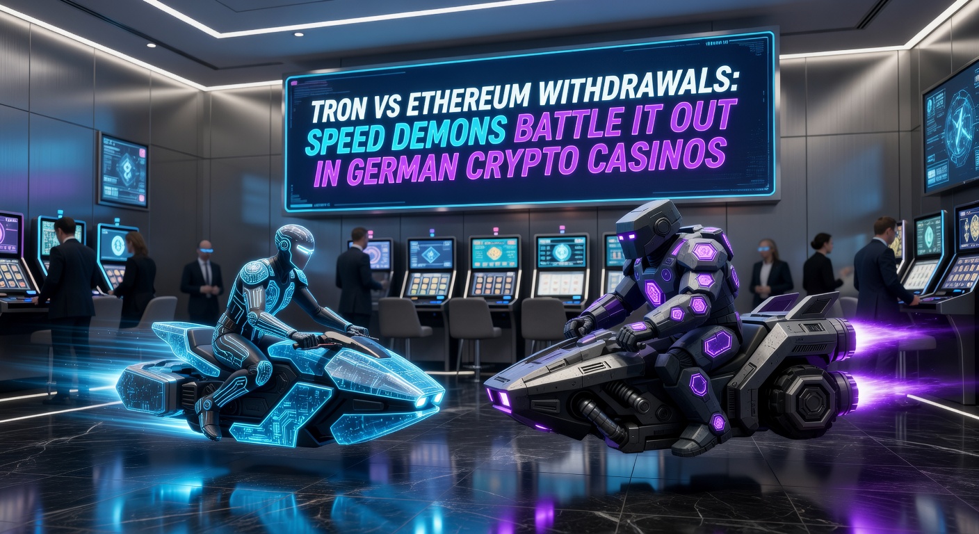Vergleichsgrafik von Tron- und Ethereum-Transaktionen in einem Casino-Umfeld, die ultraschnelle Auszahlungen visualisiert