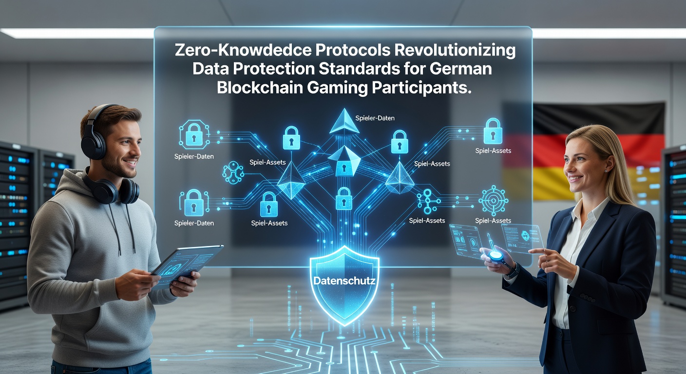 Illustration von Zero-Knowledge-Protokollen in Blockchain-Gaming-Umgebungen mit Fokus auf Datenschutz